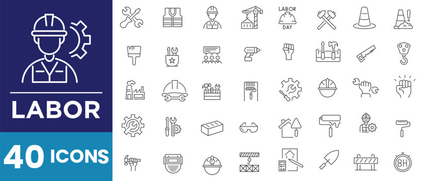 Construction work and labor line icon set. Includes renovation, building, tools, helmet, excavator, roller, spatula, wheelbarrow, project and more. Outline icons in linear style. Vector collection.
