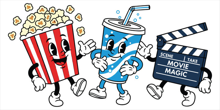 Retro cartoon popcorn cup soda cup and clapperboard characters dancing on white Keywords: popcorn, movie, cinema, retro, cartoon
