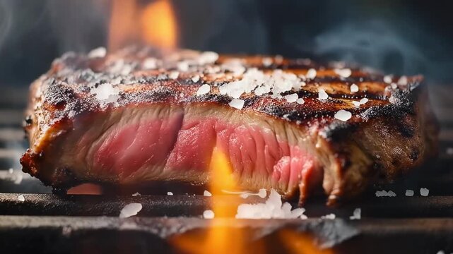 Juicy medium-rare steak grilling over fire seasoned with coarse salt flakes and rising smoke.