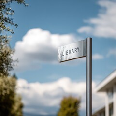 Fototapeta premium Clean white sign for a public library against soft blue sky