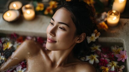 Female traveler enjoying a flower bath in a Balinese spa, surrounded by candles and petals, wellness and self-care moment --ar 16:9 --profile kglaqgy --v 7 Job ID: 80a3c50e-87b5-461b-8268-e24b104c64a2