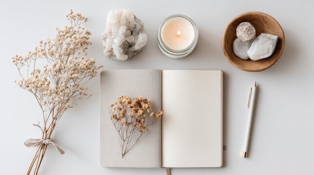 Flat lay of a self-care journal, scented candle, crystals, dried flowers, and a pen, aesthetic minimalism with wellness vibe