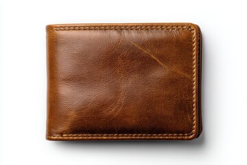 Close-up of a brown leather wallet showing grain and stitching on a clean studio backdrop