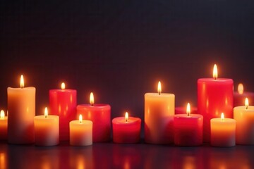 Glowing candles fill frame, diverse sizes and heights , funeral, shadows, composition