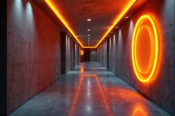 Orange LED lights glow in modern concrete hallway with recessed lighting and circular wall art , home, hallway, style