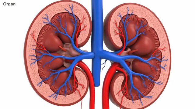 Human Kidney Anatomy 3D Animation Showing Internal Structure, Blood Vessels, and Filtration System, Medical Concept of Renal Health and Organ Function