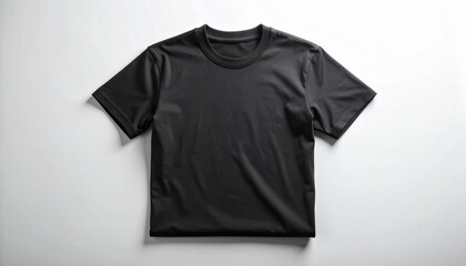 Plain black short-sleeve t-shirt with crewneck laid flat on white surface, clean apparel presentation
