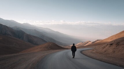 Person walking down a winding road in a vast desert or mountain valley, travel concept
