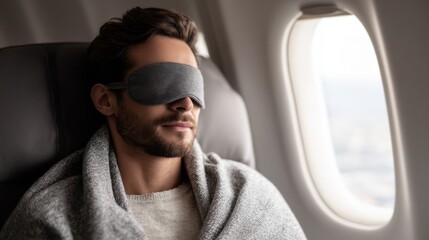 man napping in a plane with an eye mask and blanket