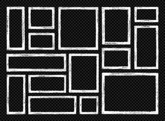 Chalk frame, kid rectangle and square text box by crayon, brush, chalk. Children border for photo. Sketch white frame with crayon grunge rough texture. Transparent blackboard boarder. Snow write line