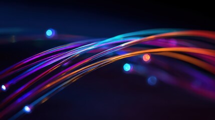 Close-up of colorful optical fiber light cables creating neon light trails