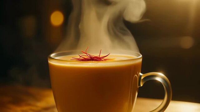 Steaming hot saffron latte or golden milk in glass mug with warm bokeh background
