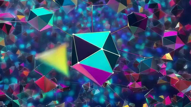 Bright colors and shapes move in a digital space filled with reflections and geometric forms during a lively animation sequence