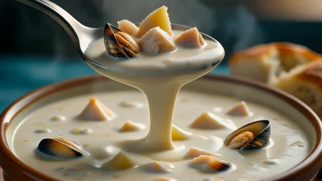 Delicious creamy clam chowder ladled from a bowl rich seafood soup with mussels and potatoes traditional winter comfort food