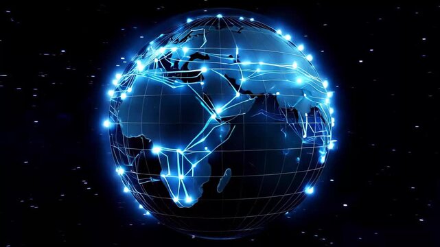 Explore the dynamics of global connectivity through a digital map showing networks and data flow across countries