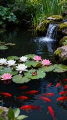 Naklejka premium A serene garden pond with a waterfall, vibrant water lilies, and goldfish
