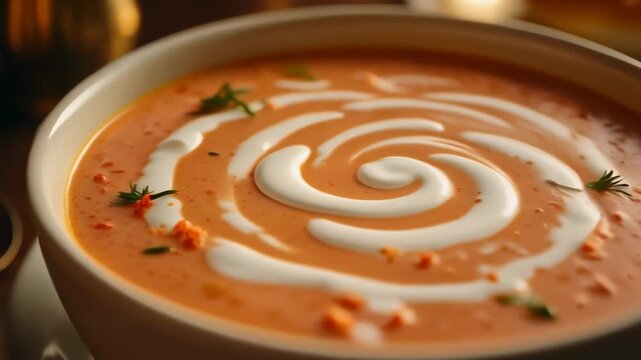 Creamy orange soup with elegant swirl of cream garnish close-up of gourmet comfort food