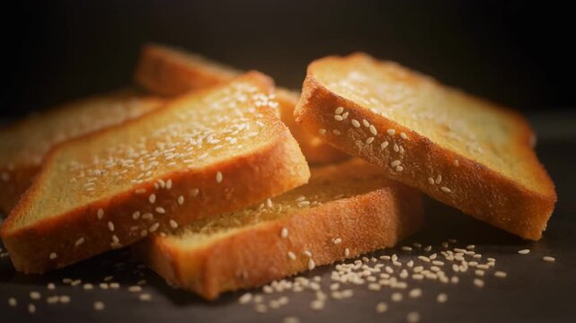 Golden toasted bread slices with sesame seeds stacked on a dark rustic surface emphasizing a crispy texture and warm lighting