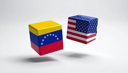 Floating cubes with US and Venezuela flags casting shadows, symbolizing diplomatic and political dynamics.