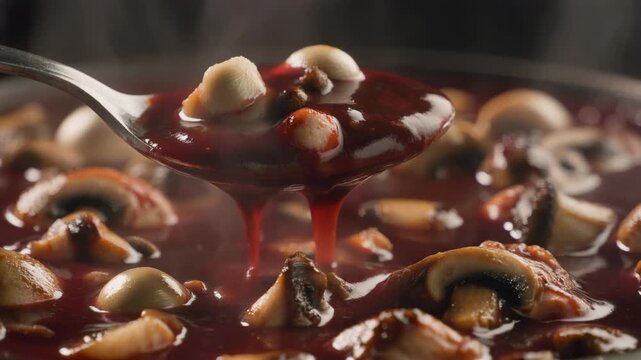 Spoonful of rich mushroom gravy dripping highlighting thick sauce and simmering slices of agaricus bisporus