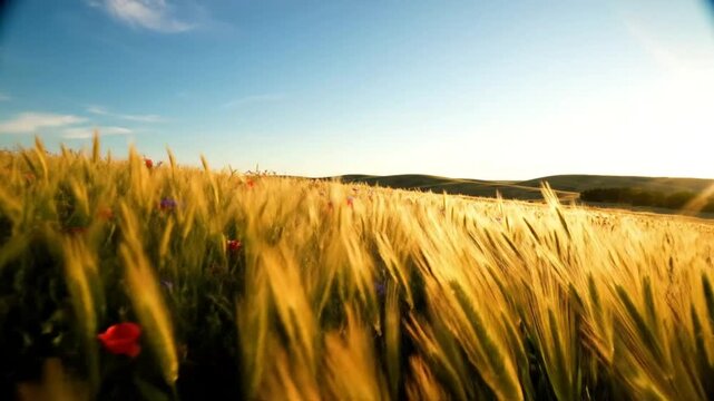 Low angle shot of a vibrant wheat field with red poppies and blue cornflowers under a bright blue sky at sunset