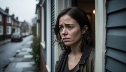 A woman stepping outside her home with a tense, emotional expression, suggesting a moment of distress, urgency, or vulnerability in a residential setting.