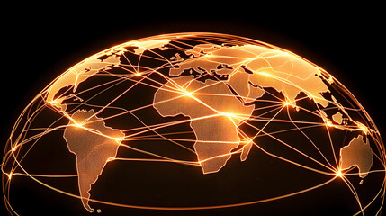 Glowing world map with interconnected lines representing global communication and networks
