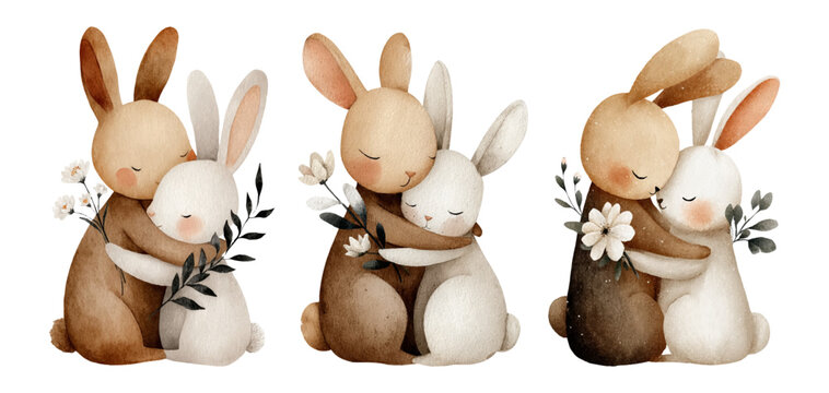 Watercolor spring rabbit hugs set with cute forest bunnies, baby animals, and floral elements perfect for Easter cards and nursery designs. Cute watercolor rabbits. Vector illustration.