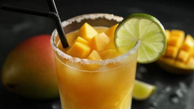 Refreshing tropical mango cocktail or smoothie with lime garnish and salt rim on a dark background