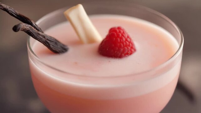 Luxurious pink raspberry cocktail garnished with vanilla pods and white chocolate served in a coupe glass.