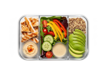 Healthy meal prep container with chicken, vegetables, and quinoa