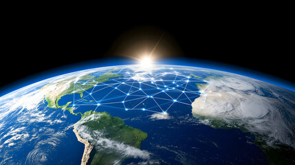 Aerial view of Earth with network connections and sunrise, symbolizing global connectivity
