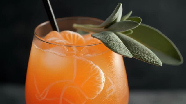 Refreshing orange cocktail garnished with mandarin slices and fresh sage leaves