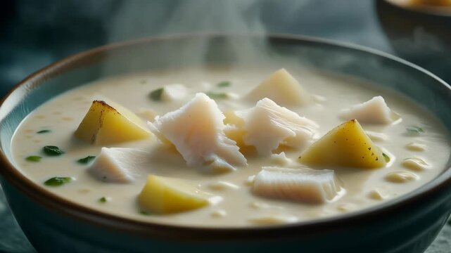 Delicious steaming fish chowder with large chunks of potato and flaky white fish served in a ceramic bowl