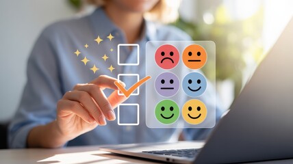 Customer satisfaction rating on laptop workspace, user selecting smiley feedback icons, service quality evaluation, user experience, online review, business improvement
