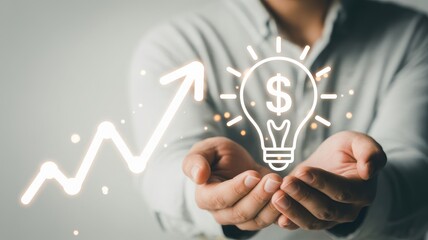 Business growth and innovation concept with glowing dollar light bulb and rising arrow in hands, financial idea generation, profit strategy, investment opportunity, and smart money success
