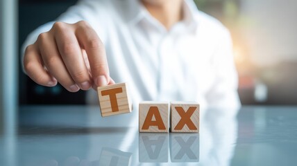 Hand placing TAX wooden letter on desk background, taxation and financial obligation concept, representing tax payment, accounting, compliance, budgeting, and business finance
