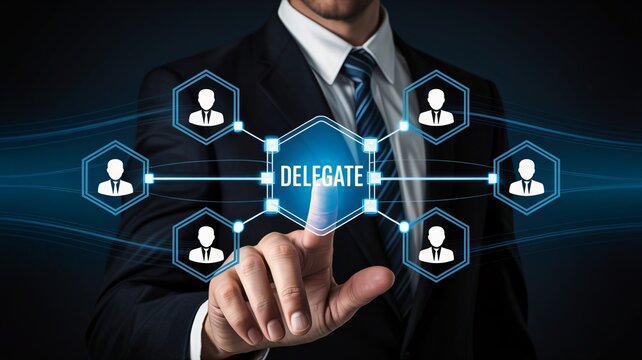 Businessman Delegating Tasks with Virtual Network Interface in Futuristic Blue Lighting on Dark Background for Corporate Leadership - Powered by Adobe