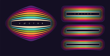 The colorful frame consists of multiple multicolored lines. Glow effect. Neon and LED strips. Vector illustration for brochure, poster, cover, card, flyer, banner, advertising or presentation.