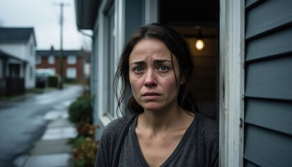 A woman stepping outside her home with a tense, emotional expression, suggesting a moment of distress, urgency, or vulnerability in a residential setting.