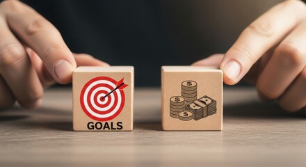 Business goals and profit concept with wooden blocks on desk, hands aligning target and money icons, representing goal achievement, strategy planning, financial success, and performance focus

