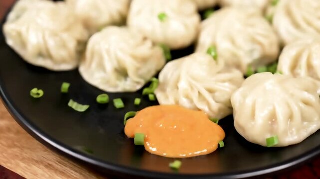 Soft steamed dumpling prepared with delicate folds and juicy filling. These momos are served hot and fresh, making the dish ideal for Asian cuisine menus and food presentation visuals.