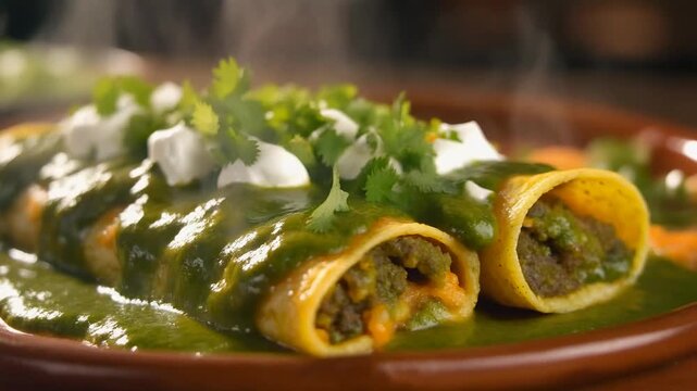 Steaming hot mexican enchiladas verdes generously topped with fresh cilantro white cotija cheese and vibrant green salsa on a rustic plate.