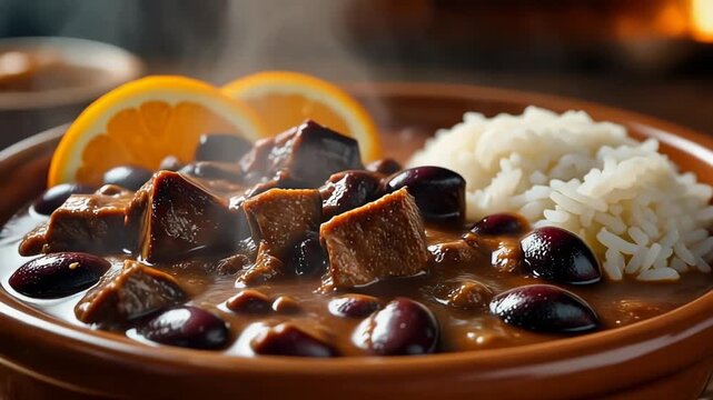 Hearty brazilian feijoada traditional black bean and meat stew served with steaming white rice and orange garnish