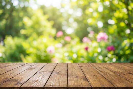 Rustic wooden table in a serene garden setting with blurred flowers - Powered by Adobe