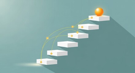 Staircase steps with glowing ball on teal background, upward progress concept, success journey, goal achievement, momentum, leadership, growth strategy, and future advancement
