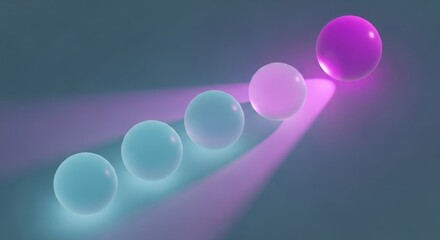 Glowing spheres moving from blur to focus on dark background, progress and transformation concept, representing clarity, innovation, evolution, momentum, and future direction
