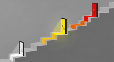 Colorful business growth steps on gray staircase background, upward progress with red, yellow and white blocks, representing career advancement, success levels, strategy, and development
