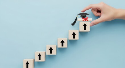 Hand placing arrow block on growth steps against blue background, business progress and career advancement concept, step by step success, leadership decision, strategy, and development
