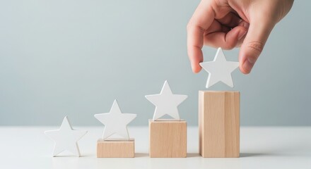 Hand placing star on rating bars on neutral background, customer satisfaction and performance evaluation concept, representing quality improvement, feedback, success, and business growth
